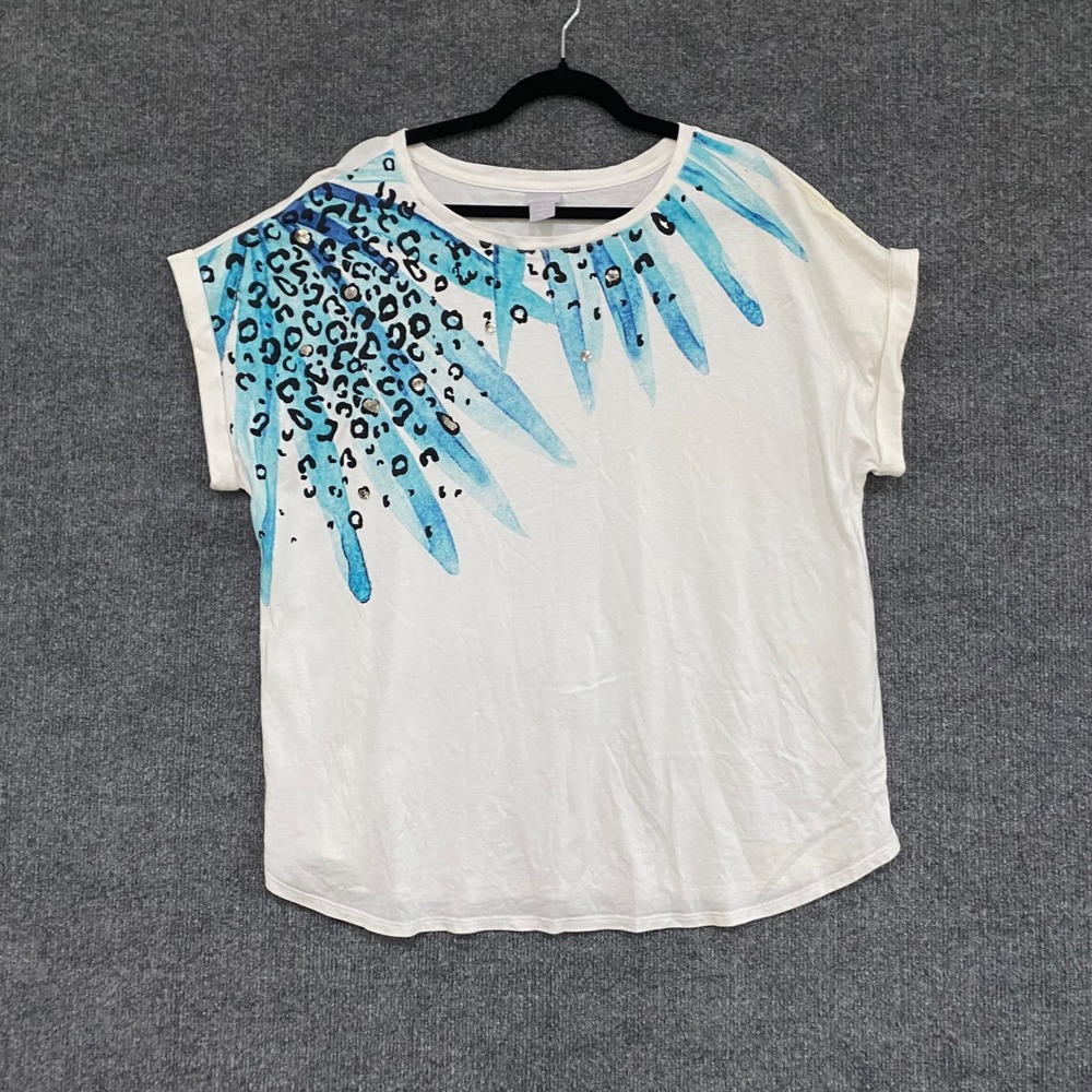 Chicos White Blue Leopard Palm Sequin Top Size 3 XL Cotton Modal Short Sleeve
